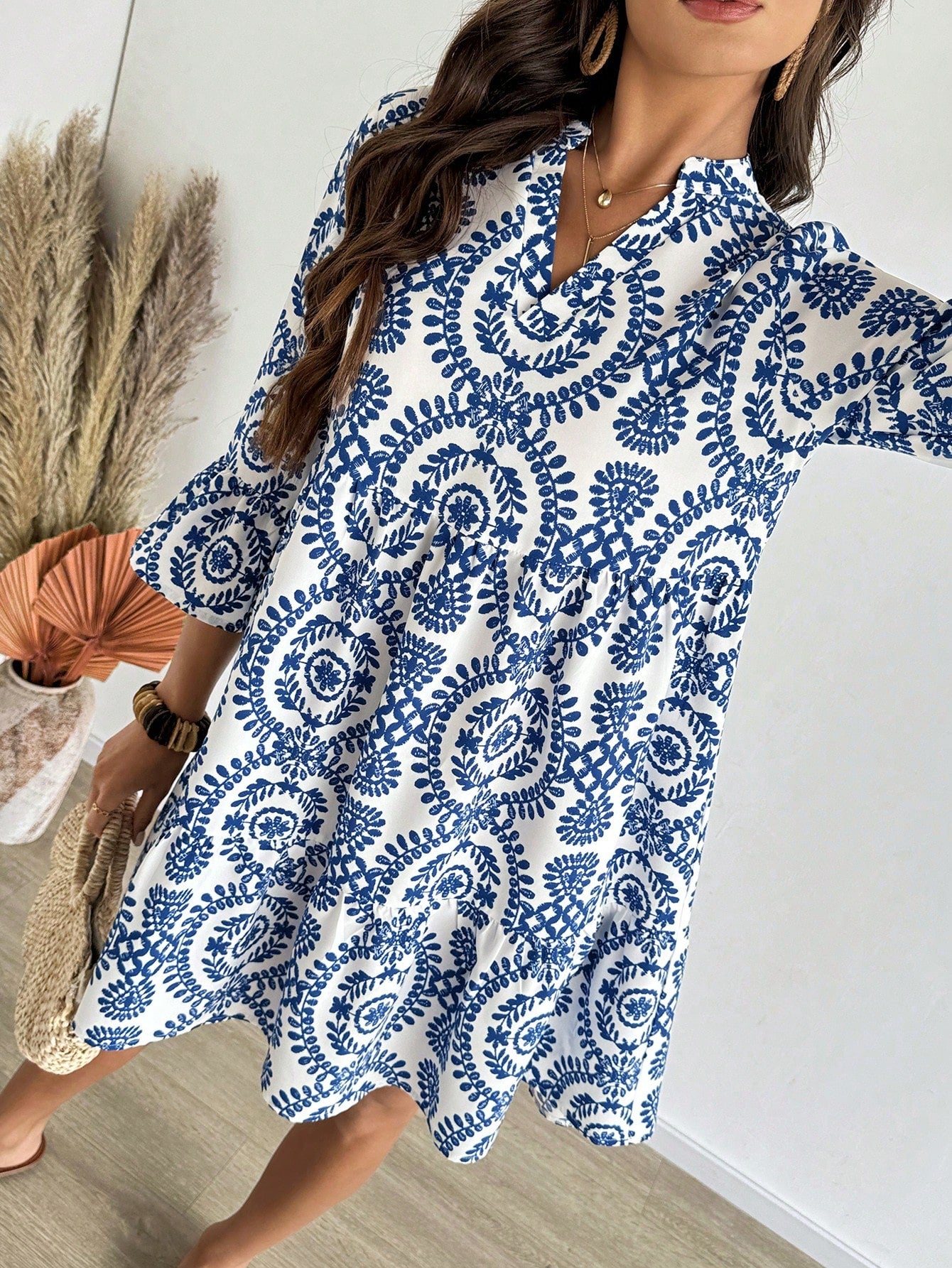 EMERY ROSE Women's Floral Print Cutout V-Neck Ruffled Hem Long Sleeve Mini Dress,Summer Dresses For Women