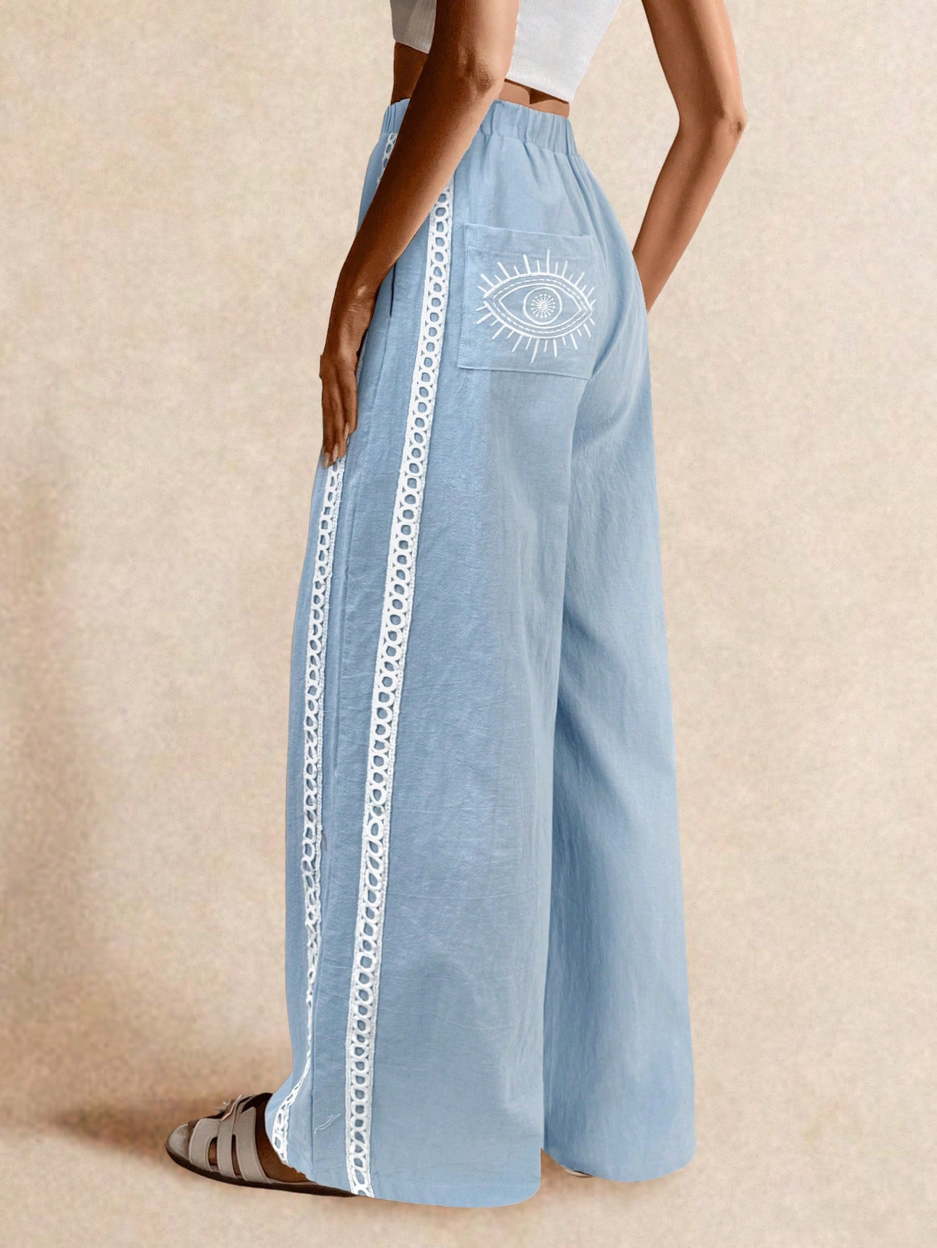 Poéselle Women's Wide Leg Loose Casual Pants With Sun Embroidered Pockets,Vacation Outfits Woman,Beach Vacation,Embroidered Pants,Summer Outfits For Women Vacation Outfits Women Resort Wear