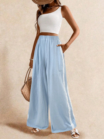 Poéselle Women's Wide Leg Loose Casual Pants With Sun Embroidered Pockets,Vacation Outfits Woman,Beach Vacation,Embroidered Pants,Summer Outfits For Women Vacation Outfits Women Resort Wear