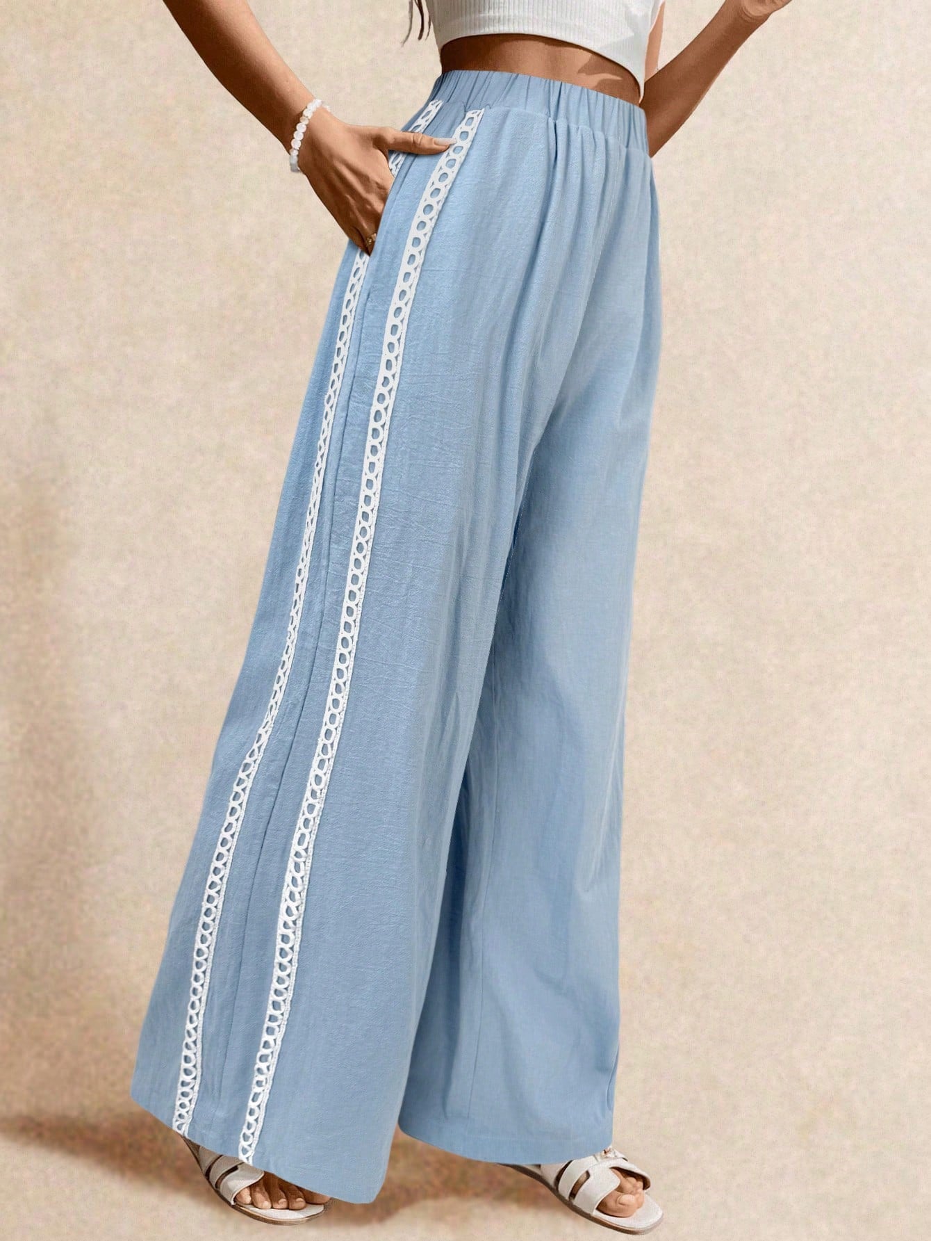 Poéselle Women's Wide Leg Loose Casual Pants With Sun Embroidered Pockets,Vacation Outfits Woman,Beach Vacation,Embroidered Pants,Summer Outfits For Women Vacation Outfits Women Resort Wear