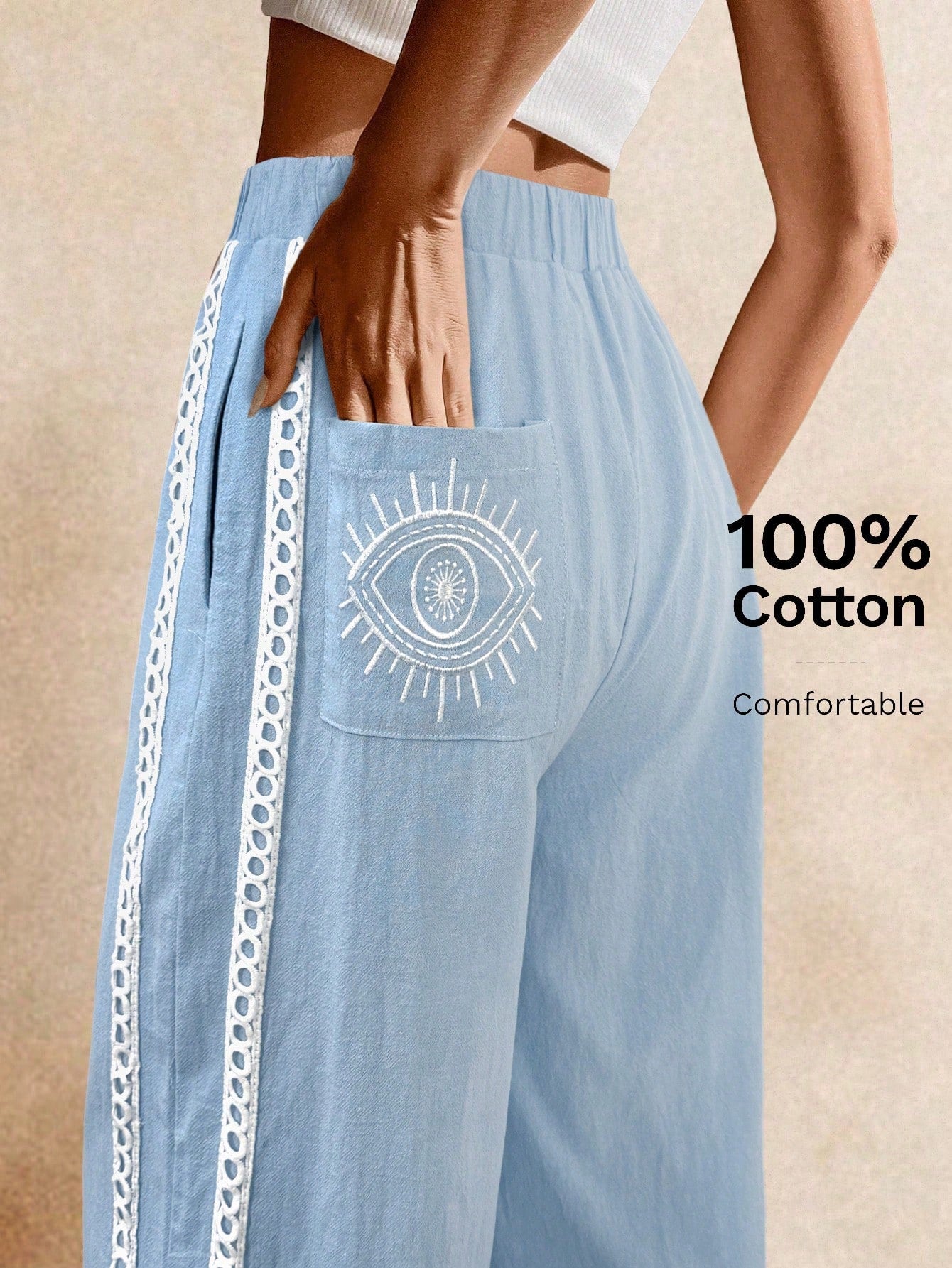 Poéselle Women's Wide Leg Loose Casual Pants With Sun Embroidered Pockets,Vacation Outfits Woman,Beach Vacation,Embroidered Pants,Summer Outfits For Women Vacation Outfits Women Resort Wear