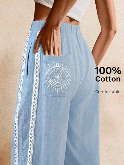 Poéselle Women's Wide Leg Loose Casual Pants With Sun Embroidered Pockets,Vacation Outfits Woman,Beach Vacation,Embroidered Pants,Summer Outfits For Women Vacation Outfits Women Resort Wear