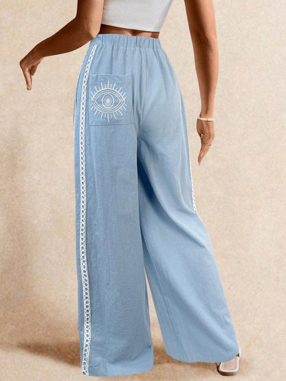 Poéselle Women's Wide Leg Loose Casual Pants With Sun Embroidered Pockets,Vacation Outfits Woman,Beach Vacation,Embroidered Pants,Summer Outfits For Women Vacation Outfits Women Resort Wear