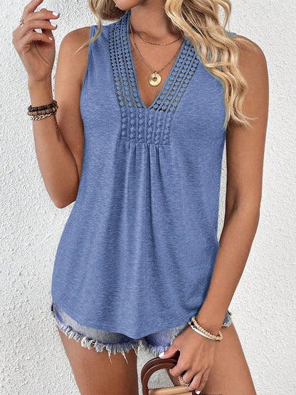 EMERY ROSE Summer V-Neck Contrast Guipure Lace Knitted Tank Top