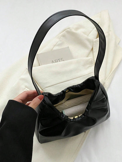 Stylish Shoulder Bag, New Solid Color Pleated Fresh Handbag With Quality Underarm Design, Suitable For Spring & Autumn