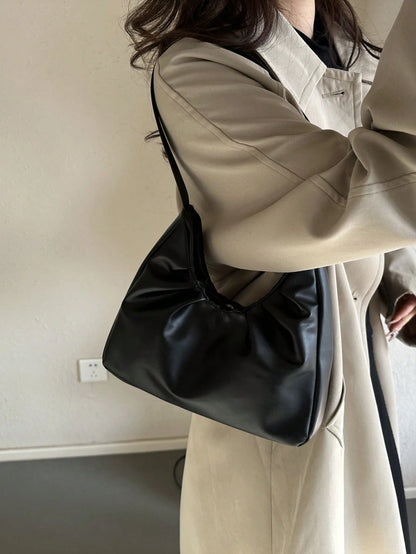 Stylish Shoulder Bag, New Solid Color Pleated Fresh Handbag With Quality Underarm Design, Suitable For Spring & Autumn