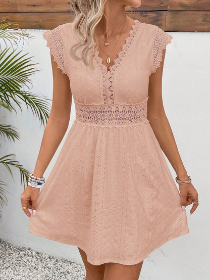 SHEIN Frenchy Women Simple Solid Color Hollow Out Jagged Edge Short Sleeve Casual Dress,Summer Dresses For Women