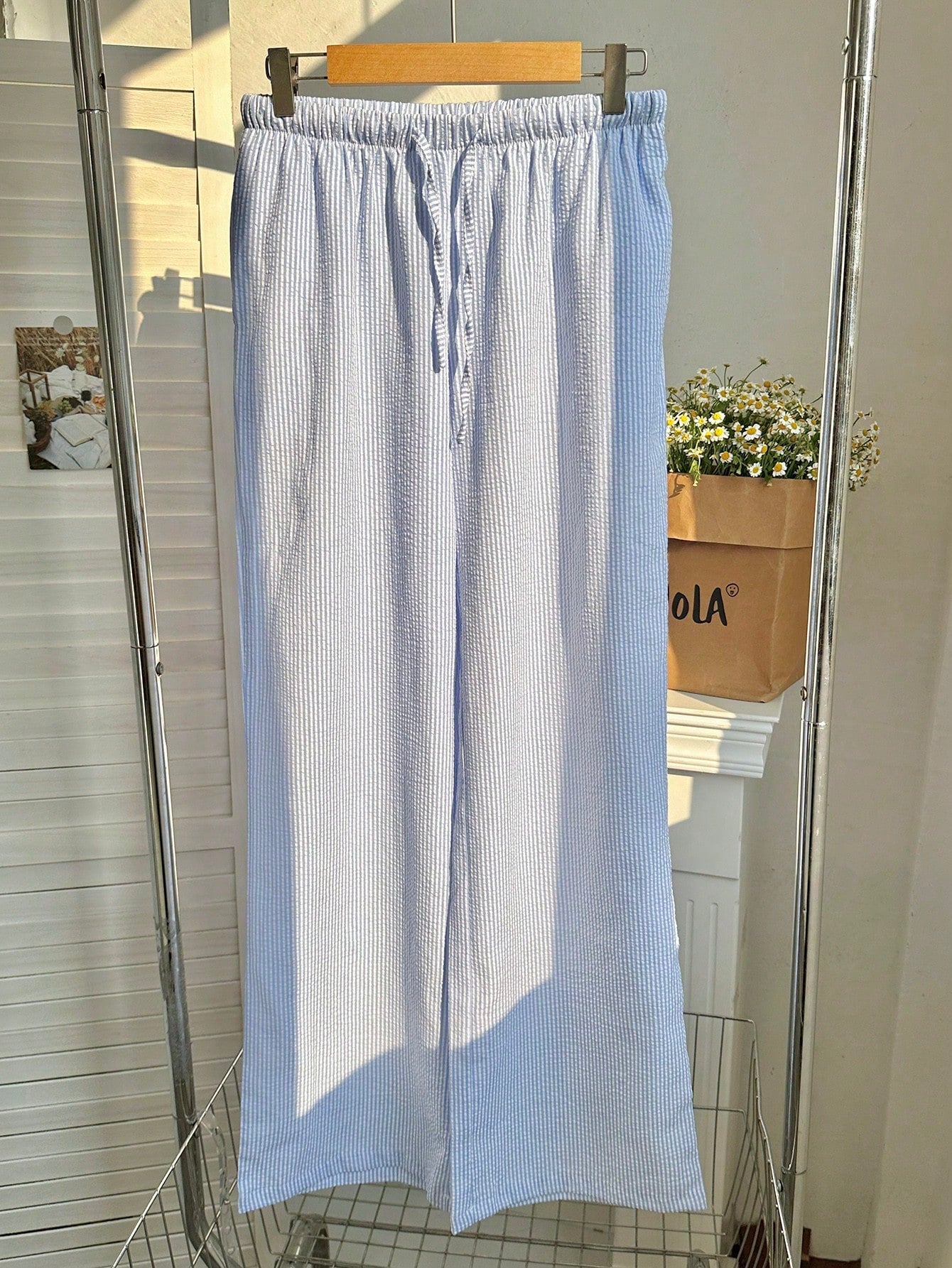 Flirla Pink Cotton Drawstring Waist Straight Leg Pants, Fashion Casual Home Wear For Women, Spring Fall Cloth For Women