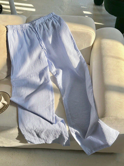 Flirla Pink Cotton Drawstring Waist Straight Leg Pants, Fashion Casual Home Wear For Women, Spring Fall Cloth For Women