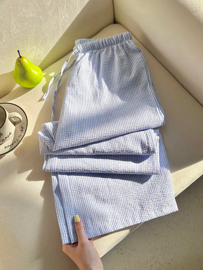 Flirla Pink Cotton Drawstring Waist Straight Leg Pants, Fashion Casual Home Wear For Women, Spring Fall Cloth For Women