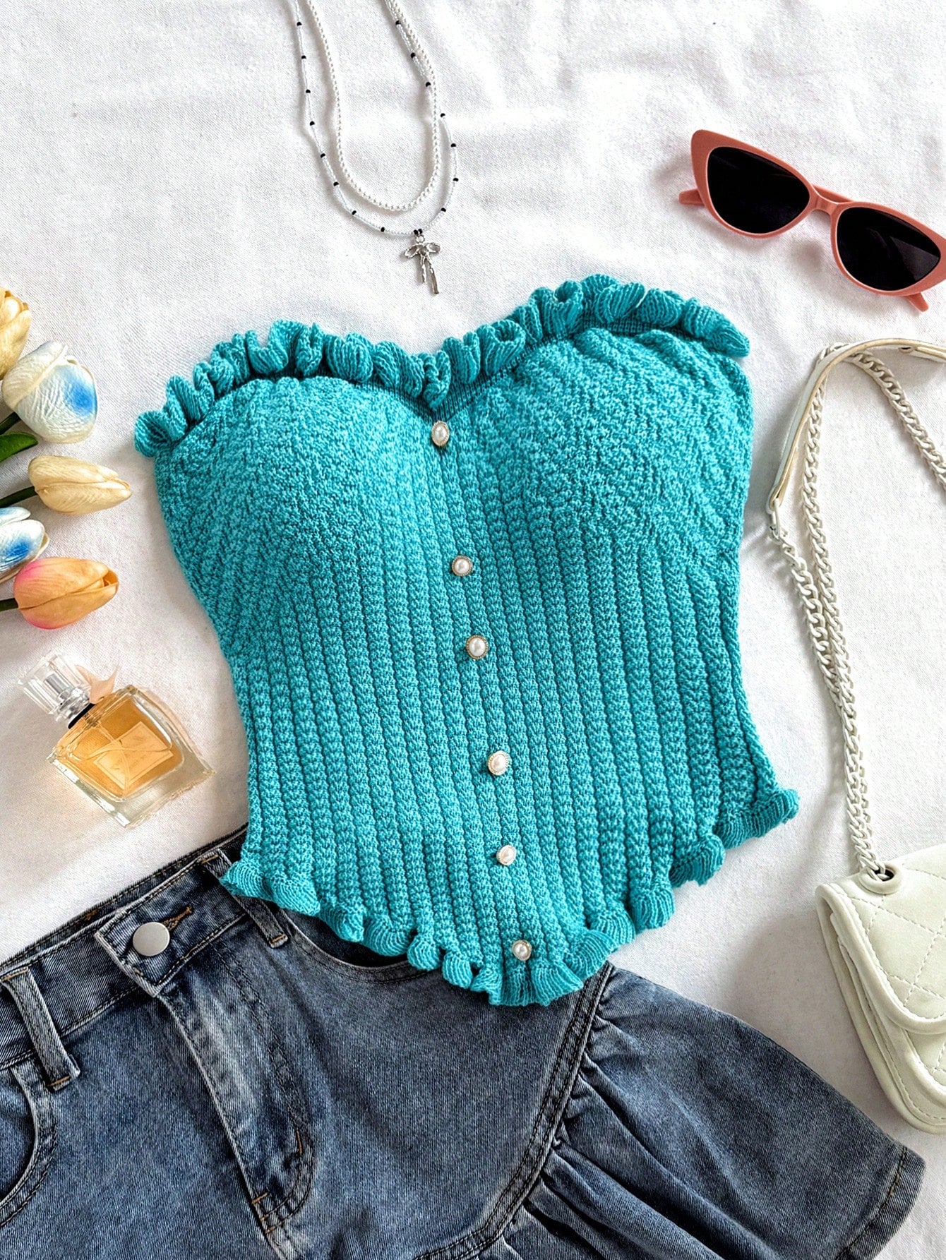 Soleia Women's Button Decor Fashion Casual Ruffle Hem Knitted Camisole Top,Going Out Top