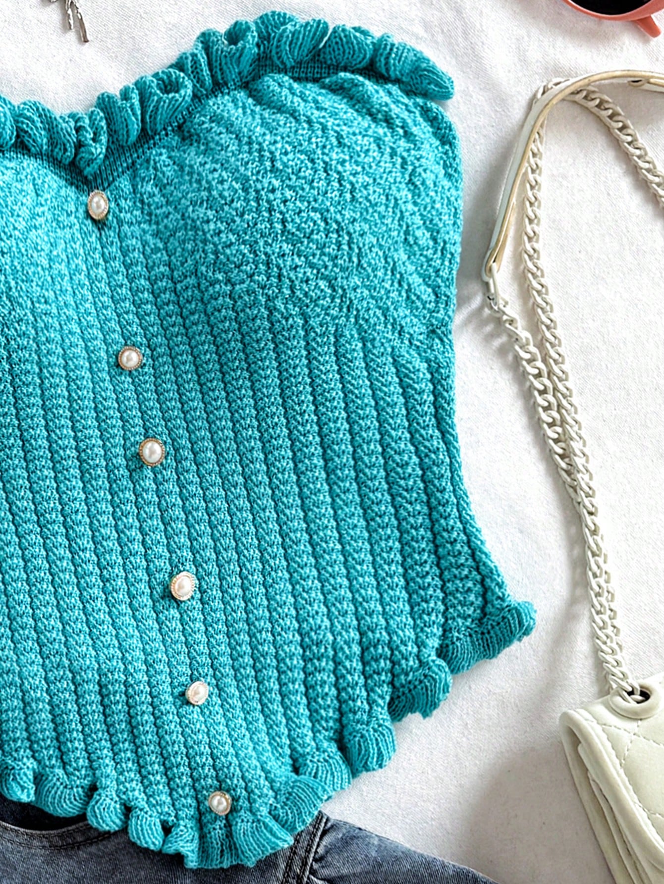 Soleia Women's Button Decor Fashion Casual Ruffle Hem Knitted Camisole Top,Going Out Top