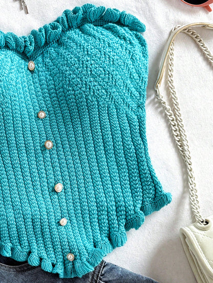 Soleia Women's Button Decor Fashion Casual Ruffle Hem Knitted Camisole Top,Going Out Top