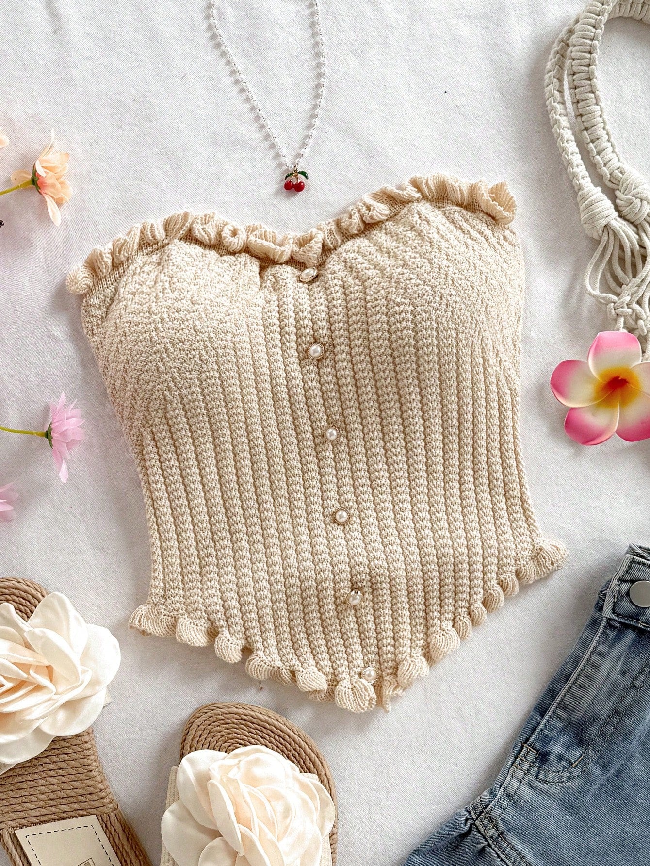 Soleia Women's Button Decor Fashion Casual Ruffle Hem Knitted Camisole Top,Going Out Top