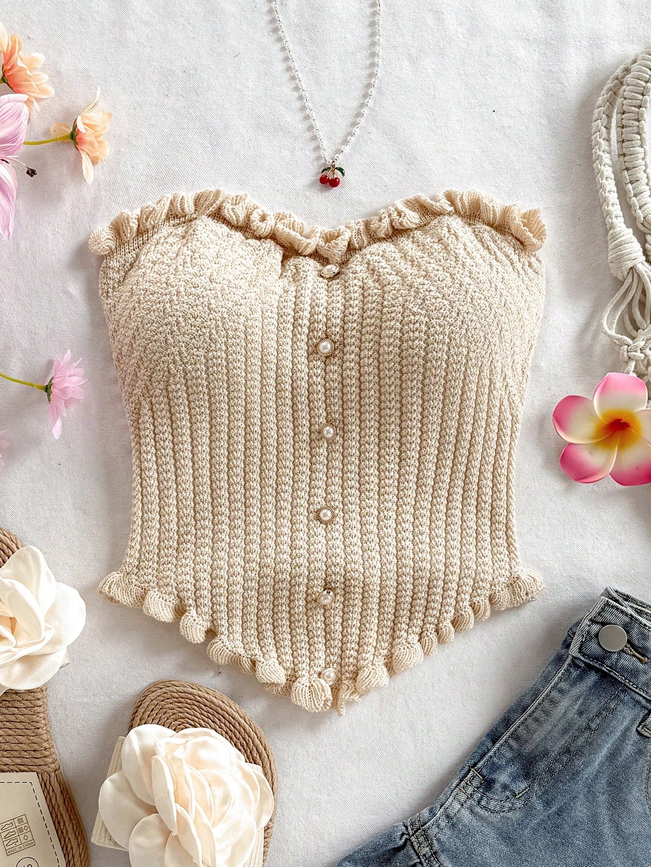 Soleia Women's Button Decor Fashion Casual Ruffle Hem Knitted Camisole Top,Going Out Top