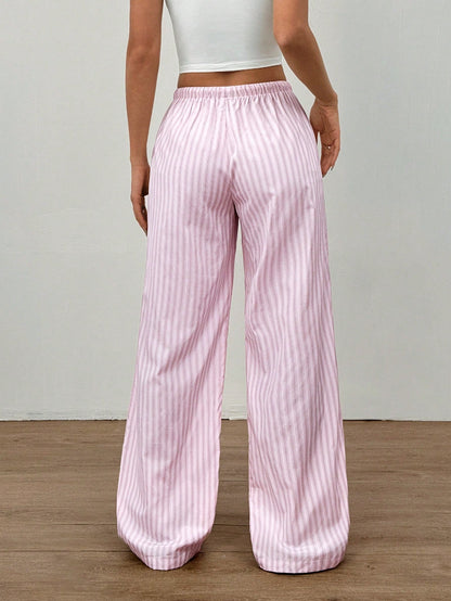 Flirla Pink Cotton Drawstring Waist Straight Leg Pants, Fashion Casual Home Wear For Women, Spring Fall Cloth For Women