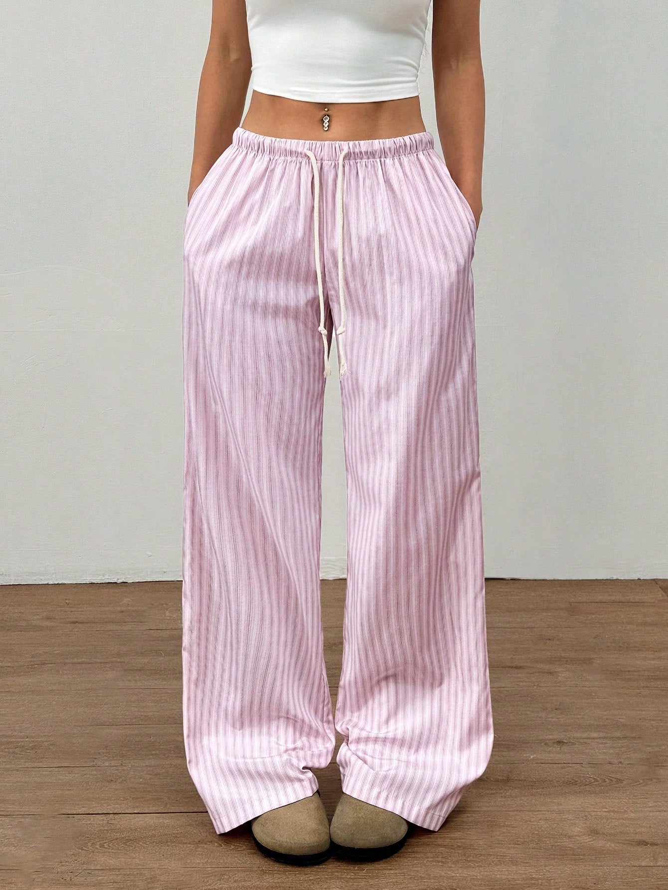 Flirla Pink Cotton Drawstring Waist Straight Leg Pants, Fashion Casual Home Wear For Women, Spring Fall Cloth For Women