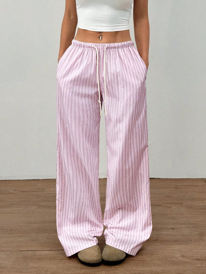 Flirla Pink Cotton Drawstring Waist Straight Leg Pants, Fashion Casual Home Wear For Women, Spring Fall Cloth For Women
