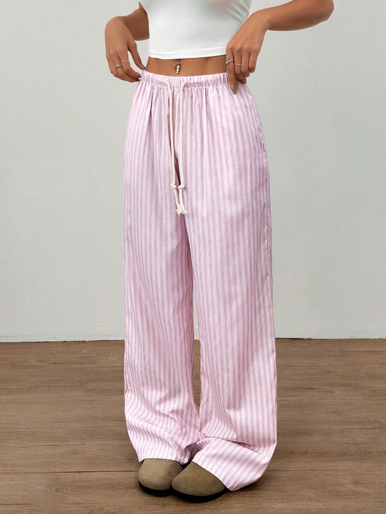 Flirla Pink Cotton Drawstring Waist Straight Leg Pants, Fashion Casual Home Wear For Women, Spring Fall Cloth For Women