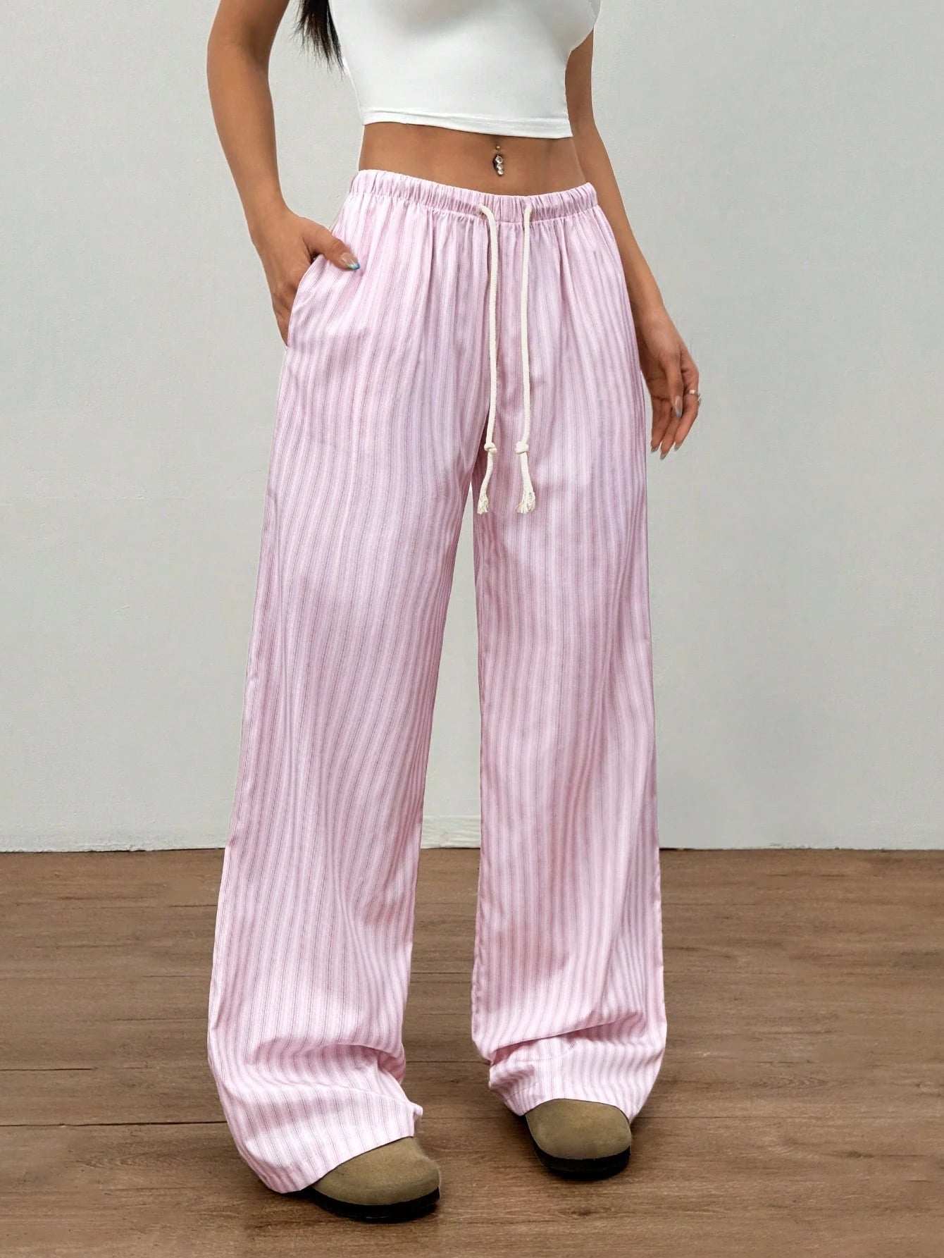 Flirla Pink Cotton Drawstring Waist Straight Leg Pants, Fashion Casual Home Wear For Women, Spring Fall Cloth For Women