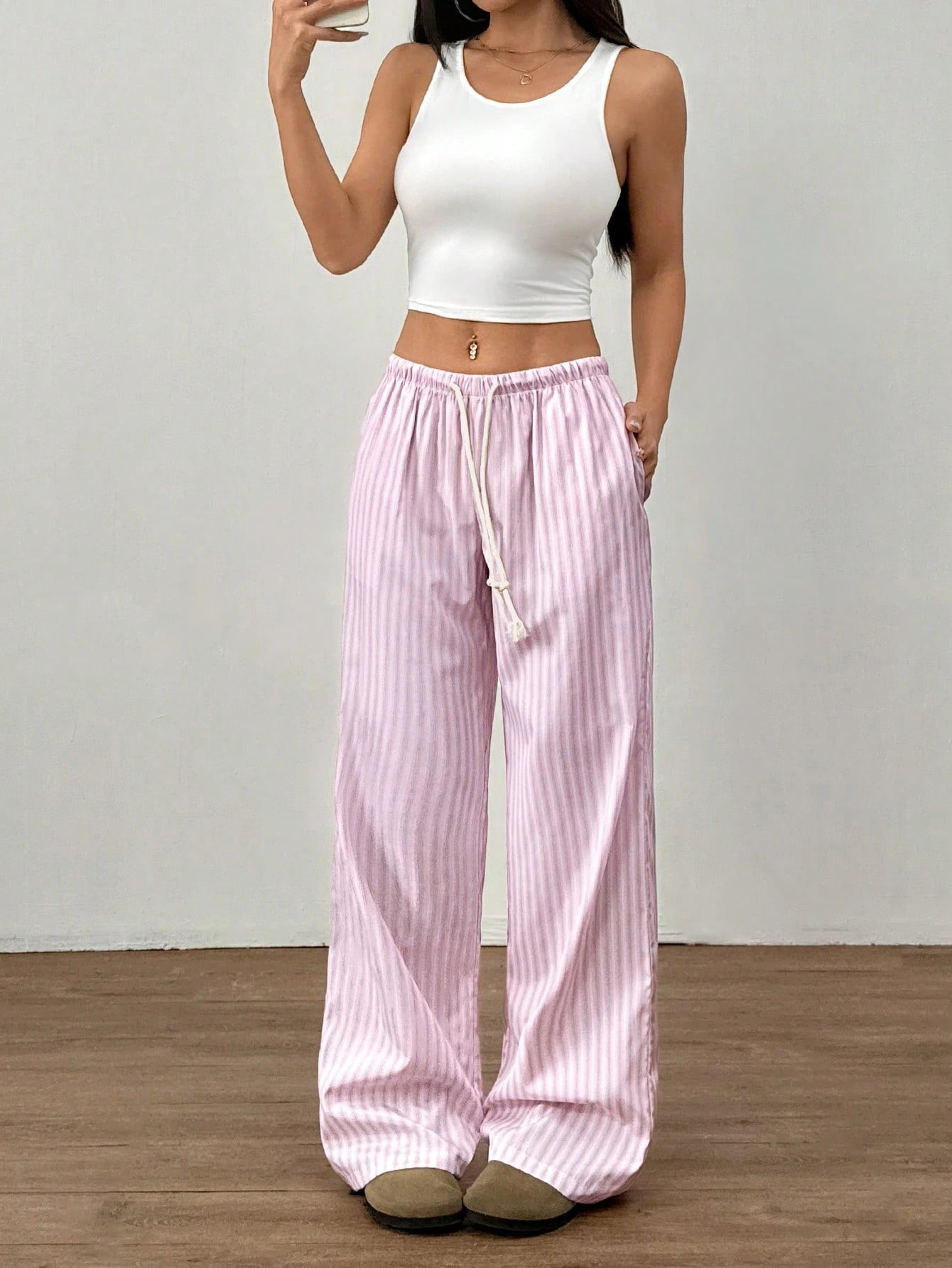 Flirla Pink Cotton Drawstring Waist Straight Leg Pants, Fashion Casual Home Wear For Women, Spring Fall Cloth For Women
