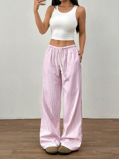 Flirla Pink Cotton Drawstring Waist Straight Leg Pants, Fashion Casual Home Wear For Women, Spring Fall Cloth For Women