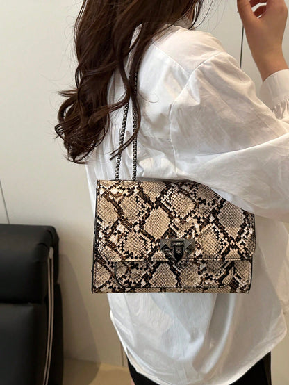 1pc Minimalist Fashion Indentation Diamond Shape Square Bag Lock Closure Flap Opening Metal Chain Shoulder Bag Suitable For Women's Daily Casual Use