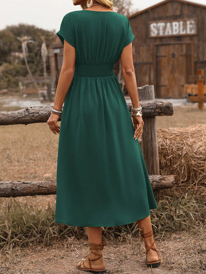 SHEIN Clasi Women's Spring/Summer Western Bohemian Style Casual Shirred Waist Cinched Criss-Cross Twisted Back Dropped Shoulder Flared Sleeve Midi Dress