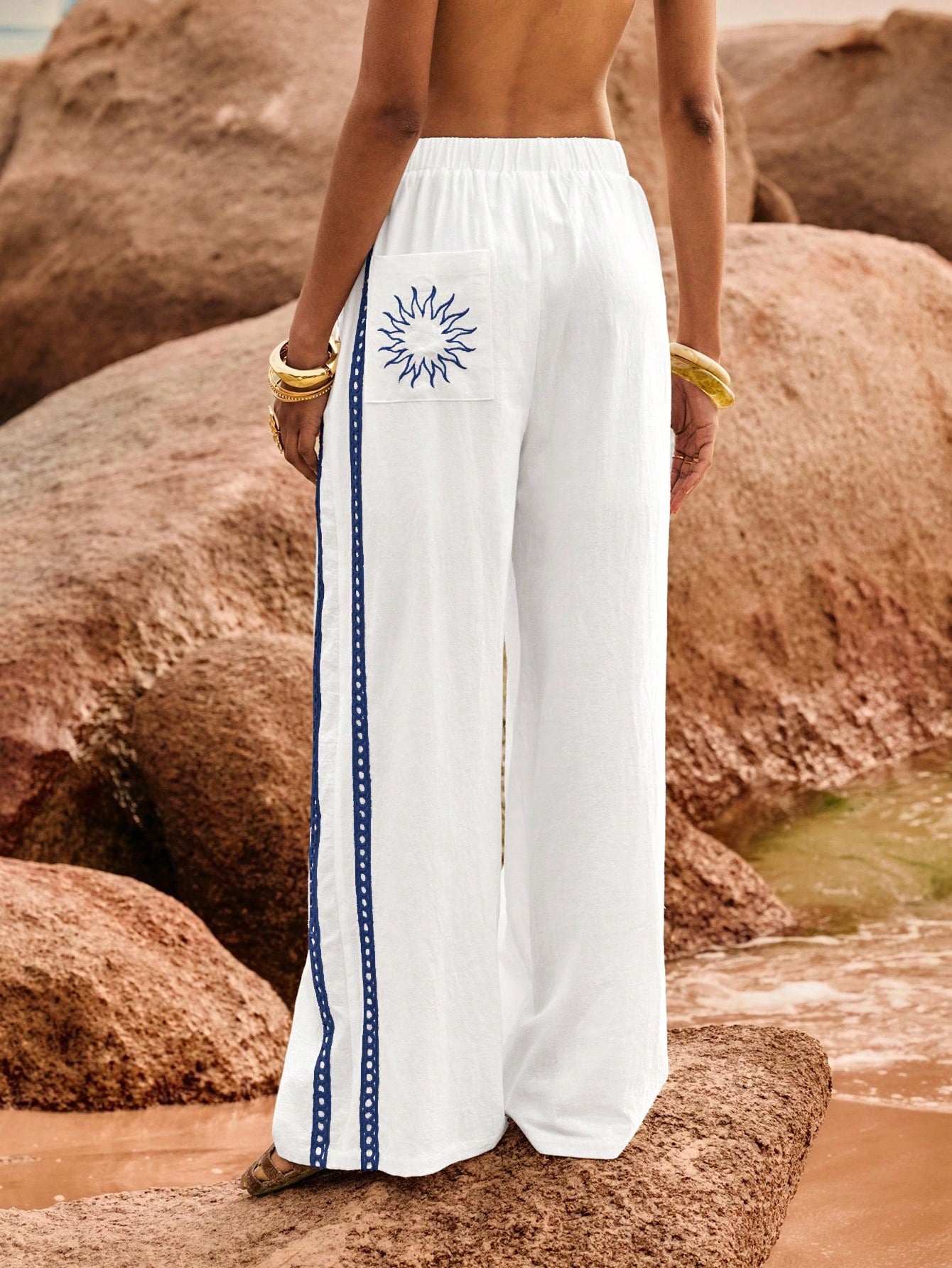 Poéselle Women's Wide Leg Loose Casual Pants With Sun Embroidered Pockets,Vacation Outfits Woman,Beach Vacation,Embroidered Pants,Summer Outfits For Women Vacation Outfits Women Resort Wear