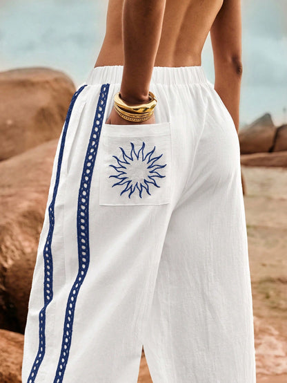 Poéselle Women's Wide Leg Loose Casual Pants With Sun Embroidered Pockets,Vacation Outfits Woman,Beach Vacation,Embroidered Pants,Summer Outfits For Women Vacation Outfits Women Resort Wear