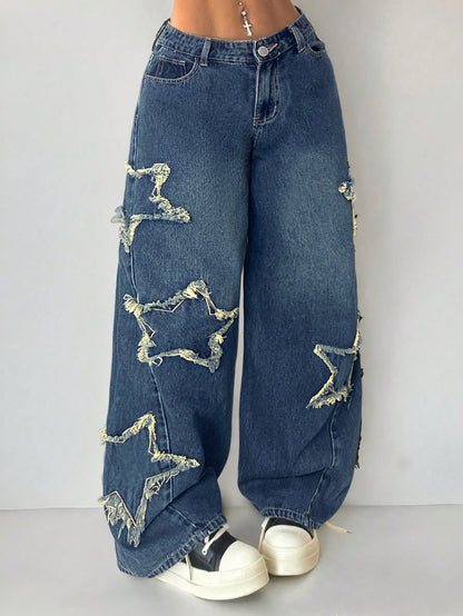 Coolane Women's Rapper Athleisure Grunge Star Pattern Washed Jeans