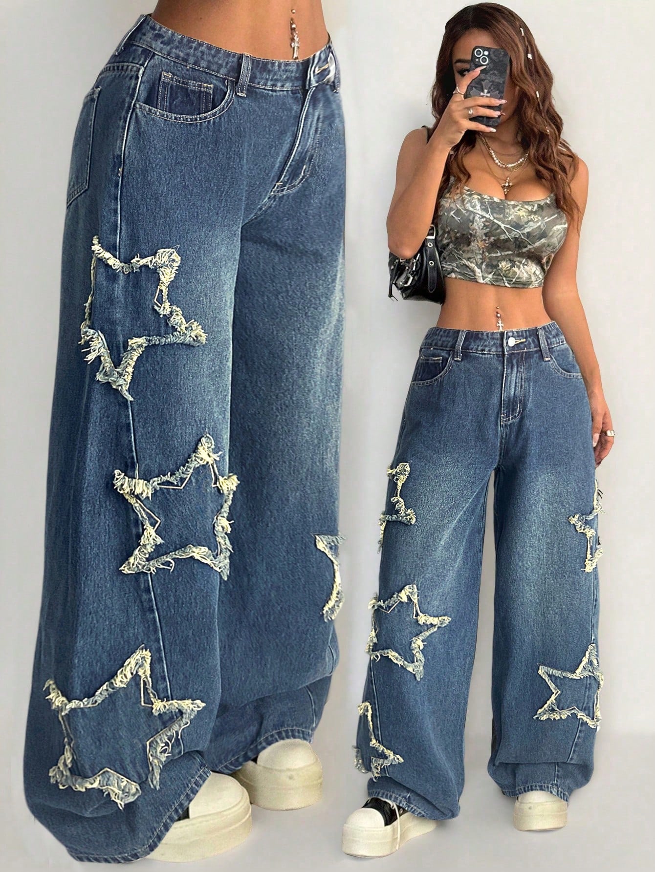 Coolane Women's Rapper Athleisure Grunge Star Pattern Washed Jeans