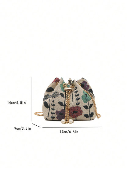 Fashion Solid Color Hollow Out Woven Chain Drawstring Mini Crossbody Bucket Bag