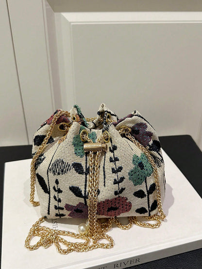 Fashion Solid Color Hollow Out Woven Chain Drawstring Mini Crossbody Bucket Bag