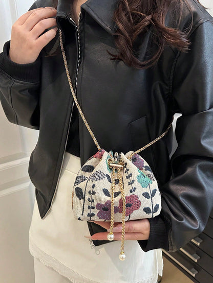 Fashion Solid Color Hollow Out Woven Chain Drawstring Mini Crossbody Bucket Bag