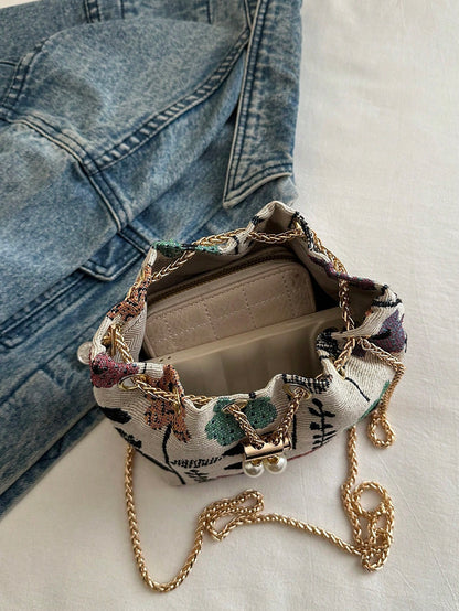 Fashion Solid Color Hollow Out Woven Chain Drawstring Mini Crossbody Bucket Bag