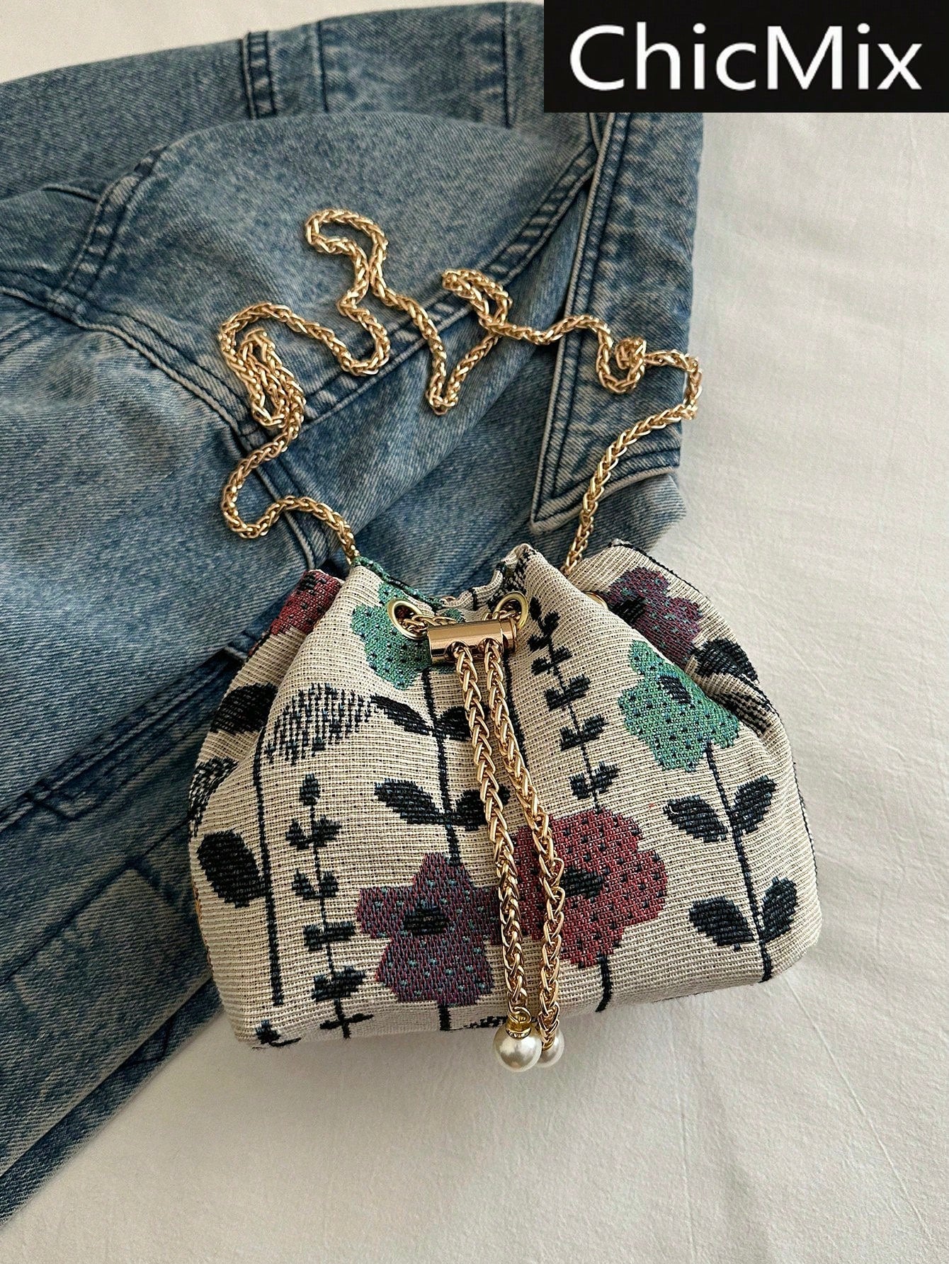 Fashion Solid Color Hollow Out Woven Chain Drawstring Mini Crossbody Bucket Bag