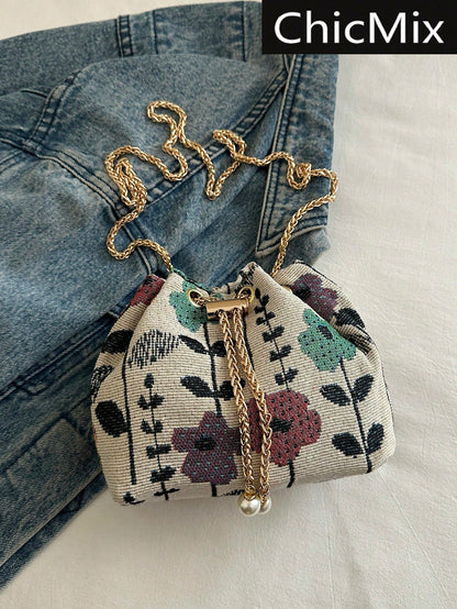 Fashion Solid Color Hollow Out Woven Chain Drawstring Mini Crossbody Bucket Bag