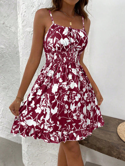 SHEIN PETITE Summer Printed Waist Cinching Sexy Strapless Bodycon Dress, Vintage Floral Print Waist Tightening Sexy Petite Strap Dress, Fashion Waist Cinching Sexy Floral Print Lady-Like Dress
