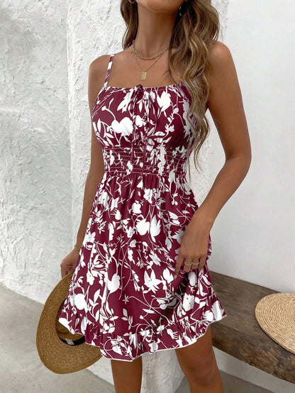 SHEIN PETITE Summer Printed Waist Cinching Sexy Strapless Bodycon Dress, Vintage Floral Print Waist Tightening Sexy Petite Strap Dress, Fashion Waist Cinching Sexy Floral Print Lady-Like Dress