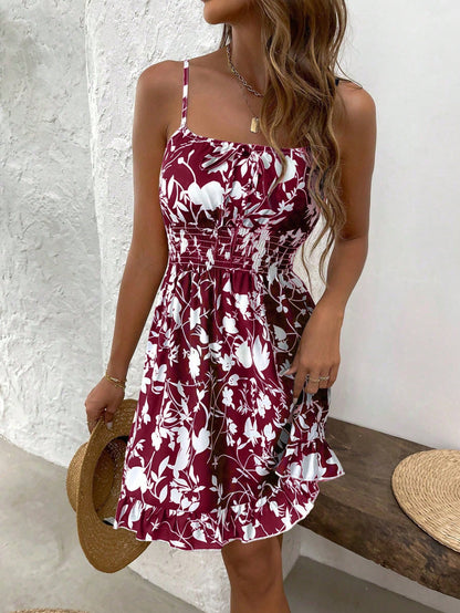 SHEIN PETITE Summer Printed Waist Cinching Sexy Strapless Bodycon Dress, Vintage Floral Print Waist Tightening Sexy Petite Strap Dress, Fashion Waist Cinching Sexy Floral Print Lady-Like Dress