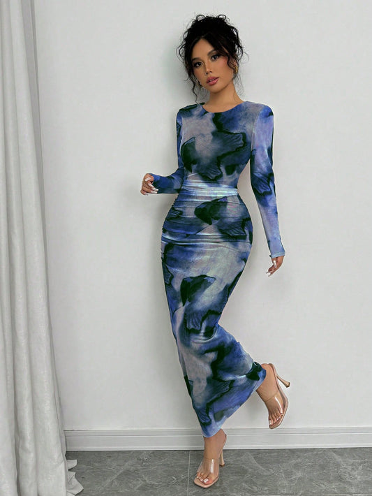 Elenzga Elegant Gradient Long Sleeve Slim Fit Women's Dress Fall Cloth For Women