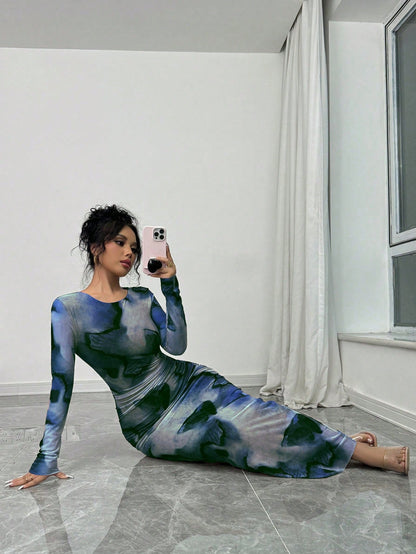 Elenzga Elegant Gradient Long Sleeve Slim Fit Women's Dress Fall Cloth For Women