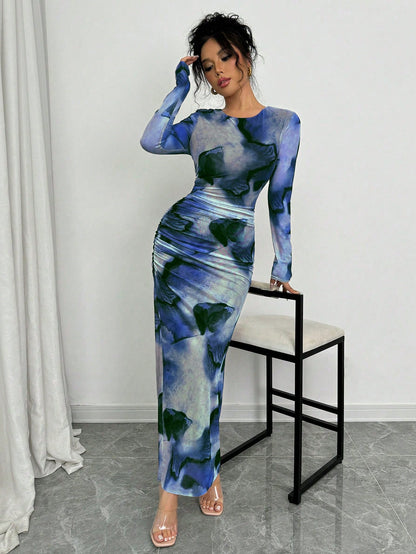 Elenzga Elegant Gradient Long Sleeve Slim Fit Women's Dress Fall Cloth For Women