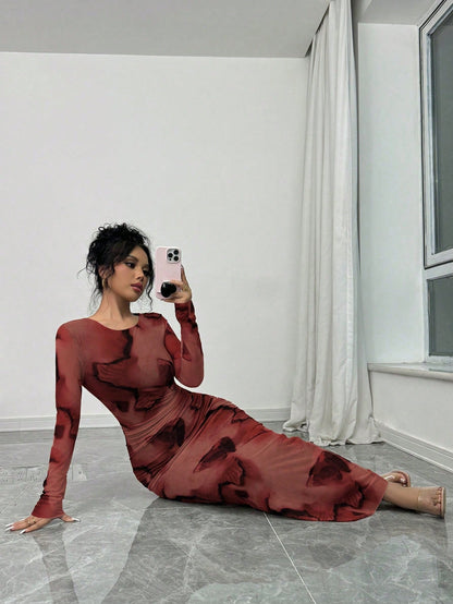 Elenzga Elegant Gradient Long Sleeve Slim Fit Women's Dress Fall Cloth For Women