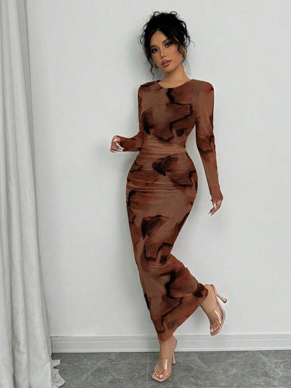 Elenzga Elegant Gradient Long Sleeve Slim Fit Women's Dress Fall Cloth For Women