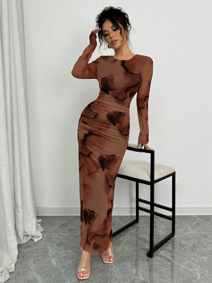 Elenzga Elegant Gradient Long Sleeve Slim Fit Women's Dress Fall Cloth For Women