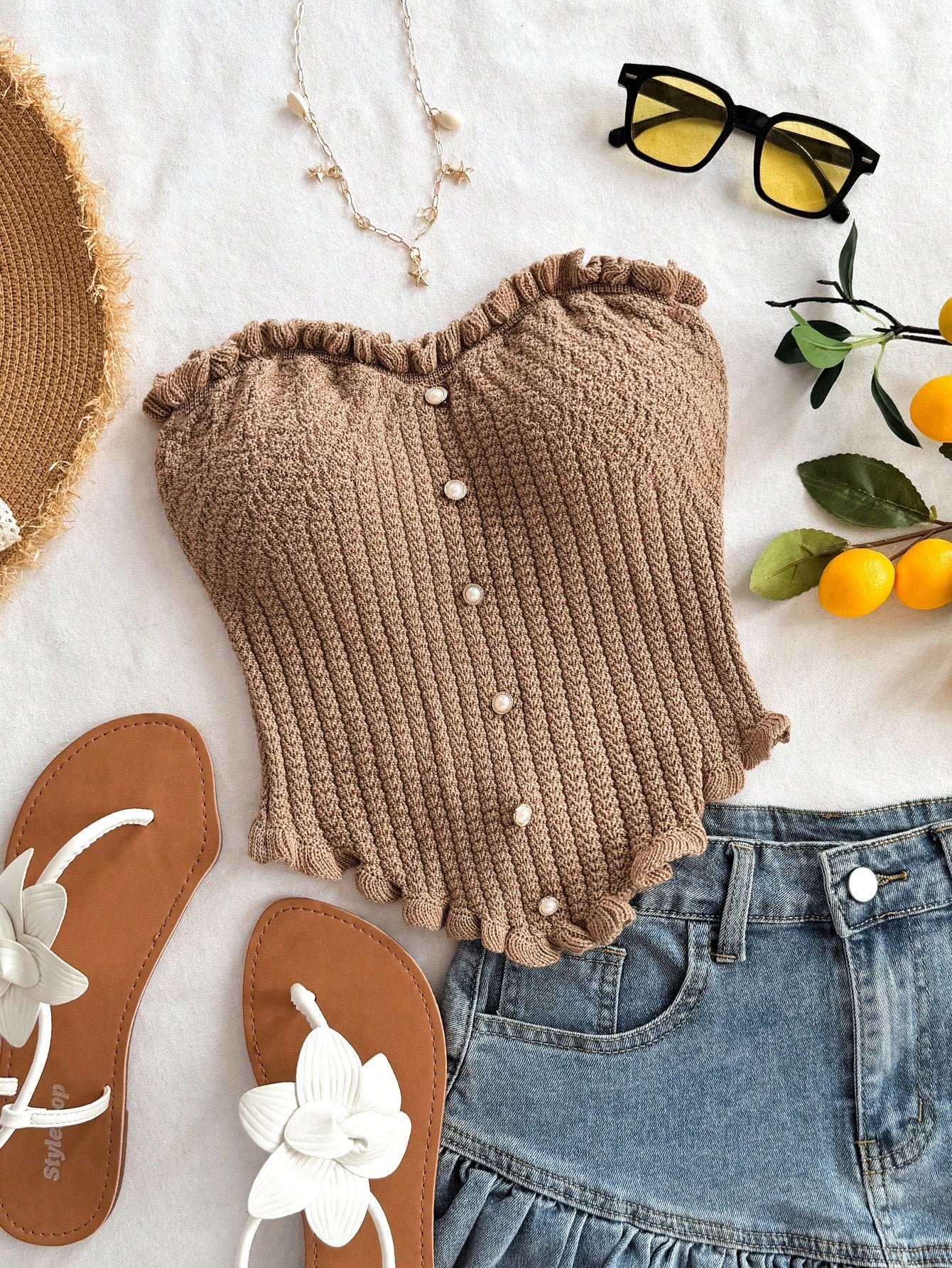 Soleia Women's Button Decor Fashion Casual Ruffle Hem Knitted Camisole Top,Going Out Top