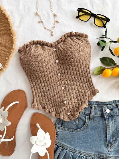 Soleia Women's Button Decor Fashion Casual Ruffle Hem Knitted Camisole Top,Going Out Top