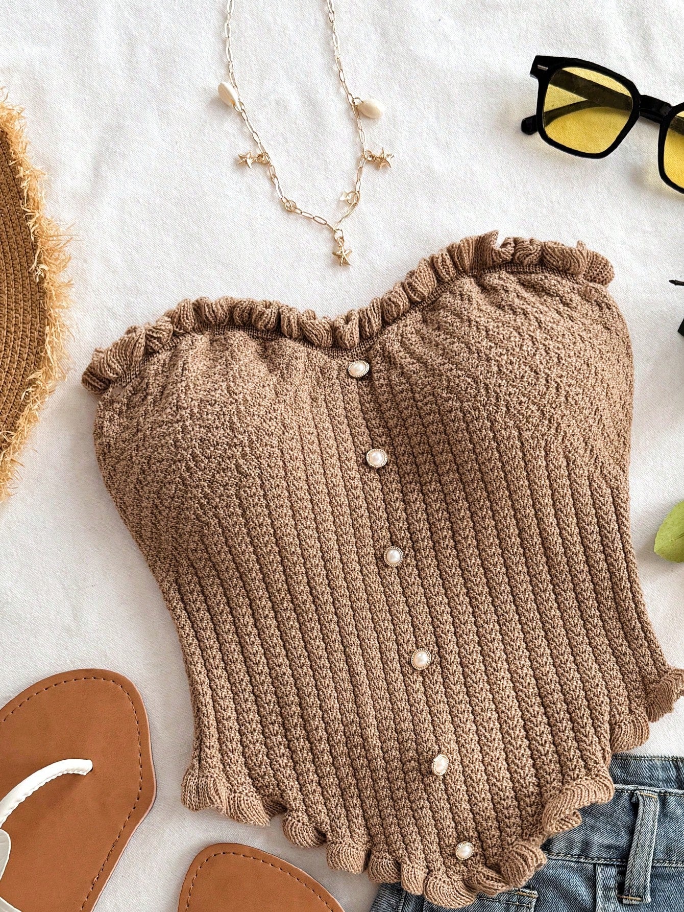 Soleia Women's Button Decor Fashion Casual Ruffle Hem Knitted Camisole Top,Going Out Top